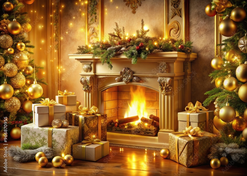 warm golden light emanates from a crackling fireplace, surrounded by festive holiday decorations and ornate gifts, against a rich creamy background. warm golden light emanates from a crackling fireplace, surrounded by festive holiday decorations and ornate gifts, against a rich creamy background.