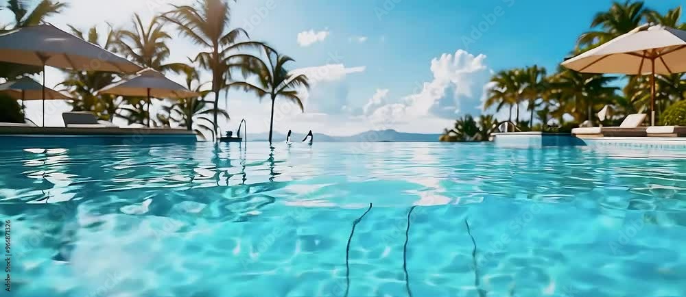 a beautiful resort pool with palm trees and white umbrellas a beautiful resort pool with palm trees and white umbrellas
