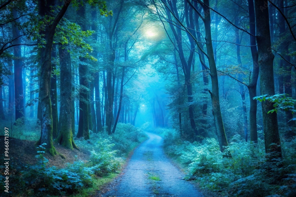 serene mysterious forest path illuminated blue hue inviting exploration tranquility serene mysterious forest path illuminated blue hue inviting exploration tranquility