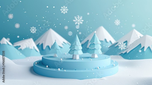 Round blue podium platform with paper pine tree and snowy mountains and flakes for winter-themed product showcase