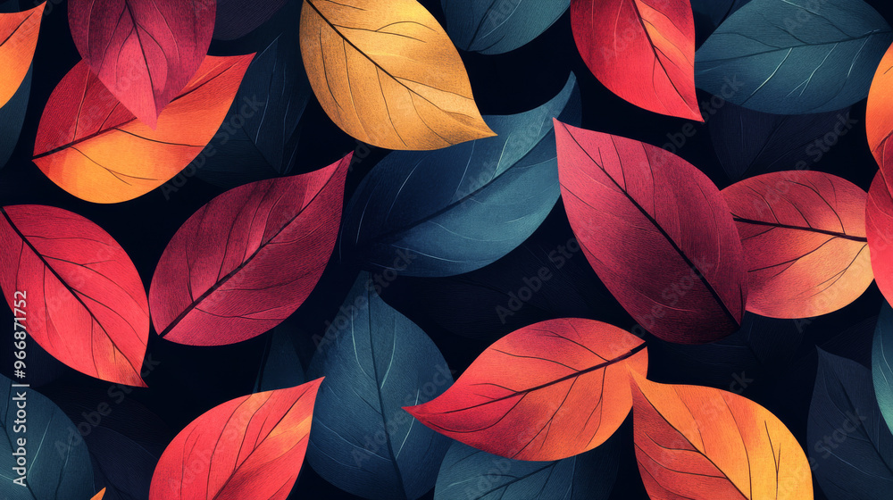 This design features a dark background with colorful, abstract leaves. It's a simple, elegant pattern that could be used for branding materials. This design features a dark background with colorful, abstract leaves. It's a simple, elegant pattern that could be used for branding materials.