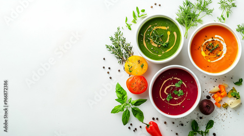 A vibrant display of colorful vegetable soups with fresh herbs and spices on a clean surface
