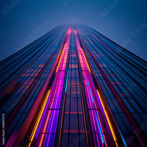 Low-angle view of a skyscraper with neon accents disappearing into fog