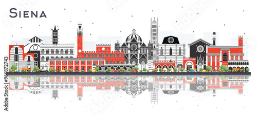 Siena Tuscany Italy City Skyline with Color Buildings and reflections Isolated on White. Business Travel and Concept with Historic Architecture. Siena Cityscape with Landmarks.