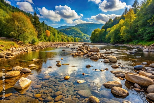 Fototapeta Naklejka Na Ścianę i Meble -  Shallow river with stones in San river valley, Bieszczady mountains