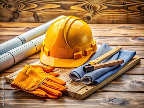 Yellow hard hat, orange vest, and protective gloves rest on a construction site's wooden plank, surrounded by scattered blueprints and tools, emphasizing safety on the job. photo