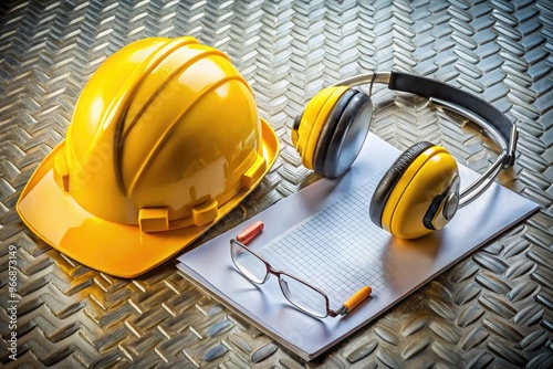 Yellow hard hat, safety glasses, and earplugs lie on a metal surface beside a clipboard with a checklist, emphasizing a strong commitment to industrial workplace safety. photo