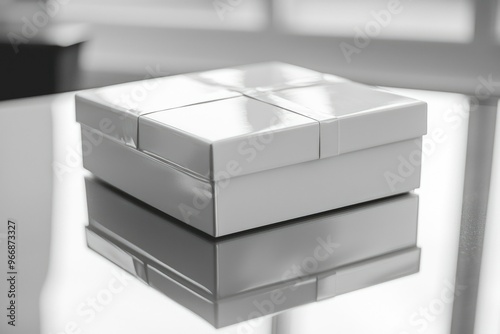 A Single White Gift Box on a Reflective Surface