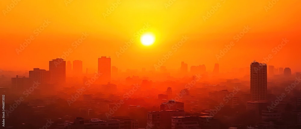 Cityscape with a Hazy Sunset and Silhouettes of Buildings Cityscape with a Hazy Sunset and Silhouettes of Buildings