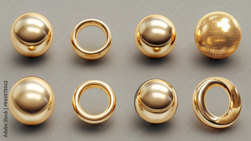 This is a set of shiny, golden 3D shapes like spheres and rings. They are separated from the background and have shadows, making them look realistic. These shapes can be used in trendy designs. This is a set of shiny, golden 3D shapes like spheres and rings. They are separated from the background and have shadows, making them look realistic. These shapes can be used in trendy designs.