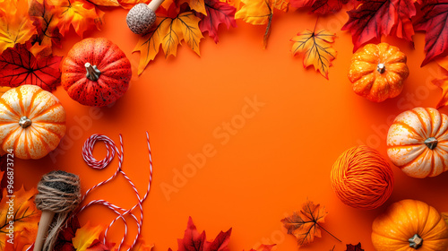 Autumn decorations with pumpkins, yarn, and colorful leaves on a vibrant orange background