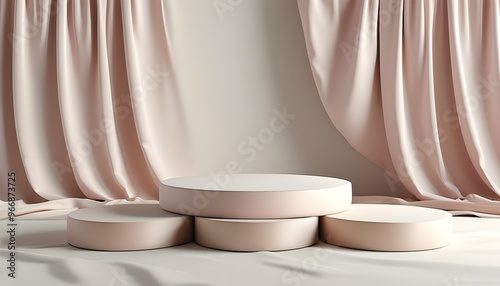 Elegant minimalistic composition featuring round podiums against a clean background with soft pink and beige hues, draped silk fabric, and gentle shadows