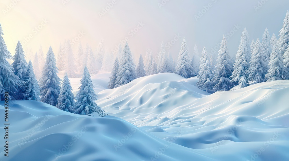 A serene winter landscape with snow-covered hills and evergreen trees under a soft, blue sky. A serene winter landscape with snow-covered hills and evergreen trees under a soft, blue sky.