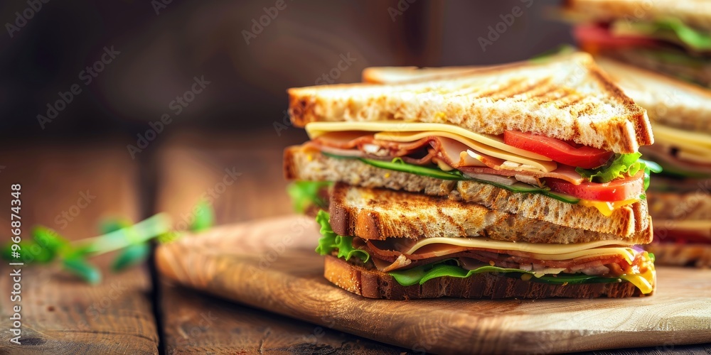 Close-up of a club sandwich on a wooden surface Close-up of a club sandwich on a wooden surface