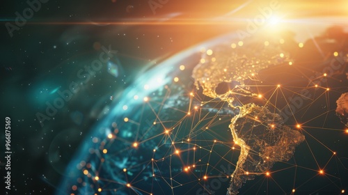 Global Network - stock photo Planet earth in outer space with network connection and sunlight
