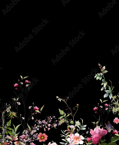 watercolor painting of leaves and flower, on dark background