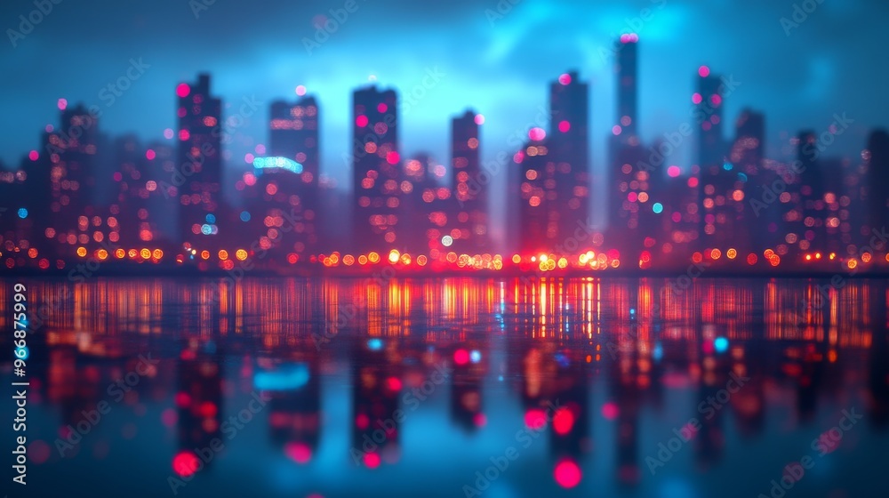 Cityscape Reflected in Water at Night with Blurred Lights