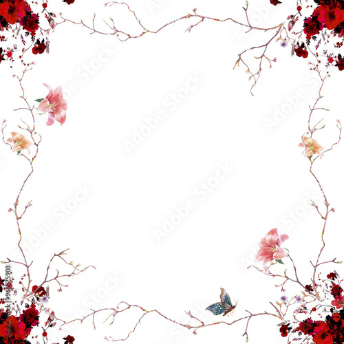 watercolor painting of leaves and flower, on white background