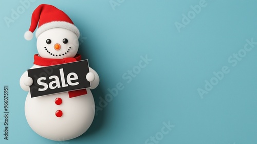 Cheerful snowman wearing a Santa hat, holding a sale sign, perfect for holiday promotions and winter marketing themes.