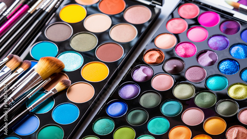 A collection of makeup brushes and products, including a palette of eyeshadow. Concept of creativity and self-expression, as makeup is often used to enhance one's appearance