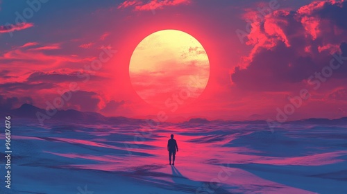 Solitary Figure Walking Towards a Giant Red Sun