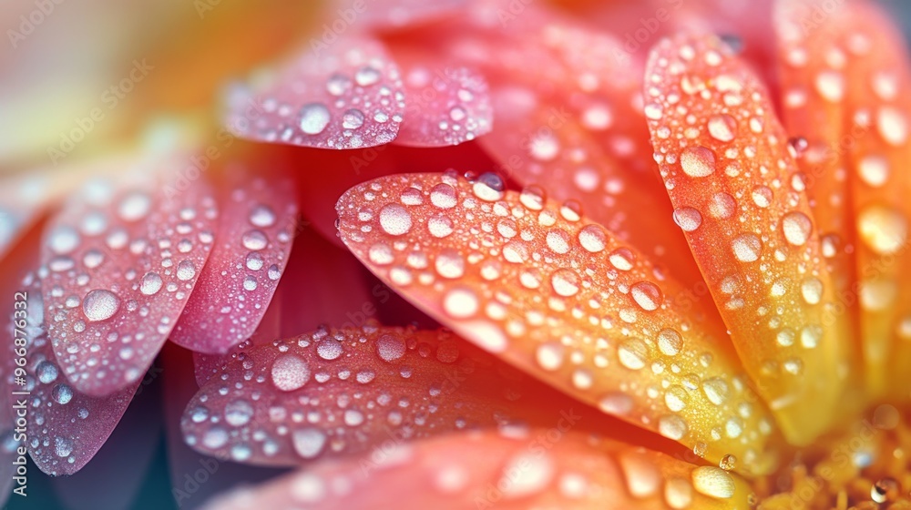 Fototapeta premium Close-up of Dew-Covered Pink and Yellow Flower Petals