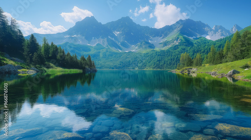 Clear mountain lake with forest and peaks