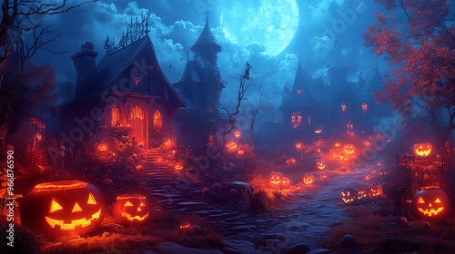 Spooky Halloween night featuring glowing pumpkins and haunted house under a full moon, creating an eerie atmosphere.