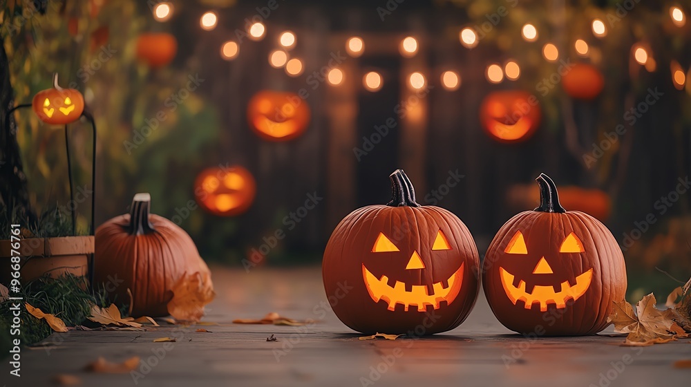 Two illuminated pumpkins with smiling faces, surrounded by autumn leaves and soft glowing lights, creating a festive Halloween atmosphere. Two illuminated pumpkins with smiling faces, surrounded by autumn leaves and soft glowing lights, creating a festive Halloween atmosphere.