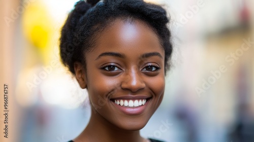 A joyful young African American woman beams with happiness in a bustling European city street, showcasing her bright smile against the urban backdrop