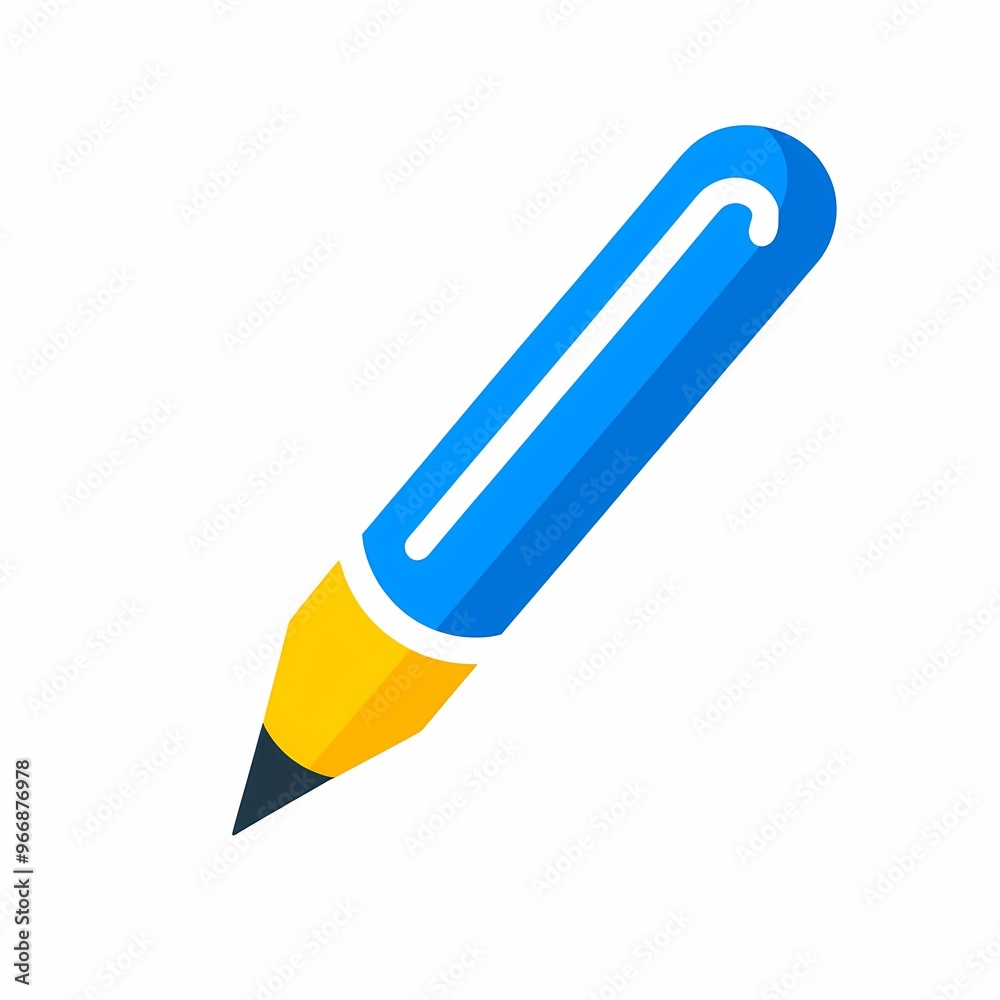 A vibrant blue and yellow pen with a sleek design, resting against a white background.