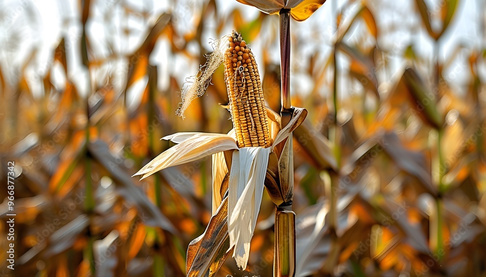 Vibrant ear of corn on white background with peeled kernels and falling ...