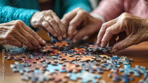 In a cozy environment, seniors of diverse backgrounds focus intently on solving a large puzzle, highlighting their teamwork and shared enjoyment of the activity