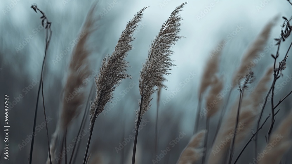 Fototapeta premium Brown dry ears of grass, reed over blurred grey sky, dark tree branches. Moody autumn, winter landscape. Closeup of fading wild plants. Seed stalks. Defocused background. Seasonal nature concept. 