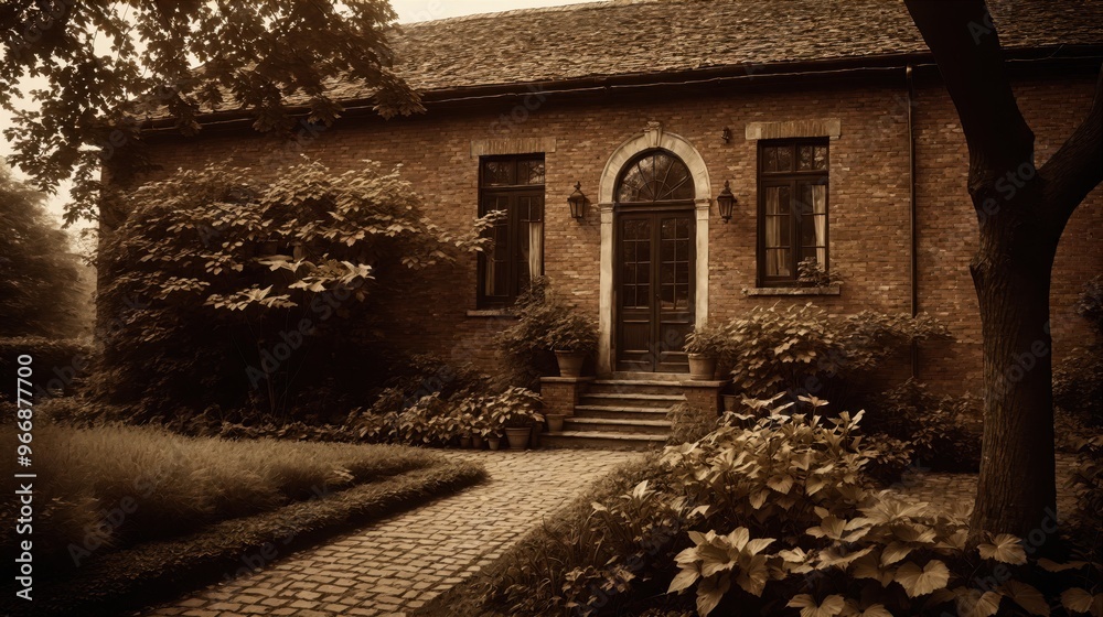Generative AI, A charming brick house with an arched doorway and a cobblestone path, surrounded by lush greenery, evoking a peaceful and timeless atmosphere in sepia tones Generative AI, A charming brick house with an arched doorway and a cobblestone path, surrounded by lush greenery, evoking a peaceful and timeless atmosphere in sepia tones