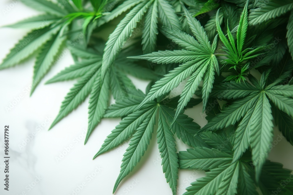 Fototapeta premium Cannabis Leaves and Buds Spread on White Surface