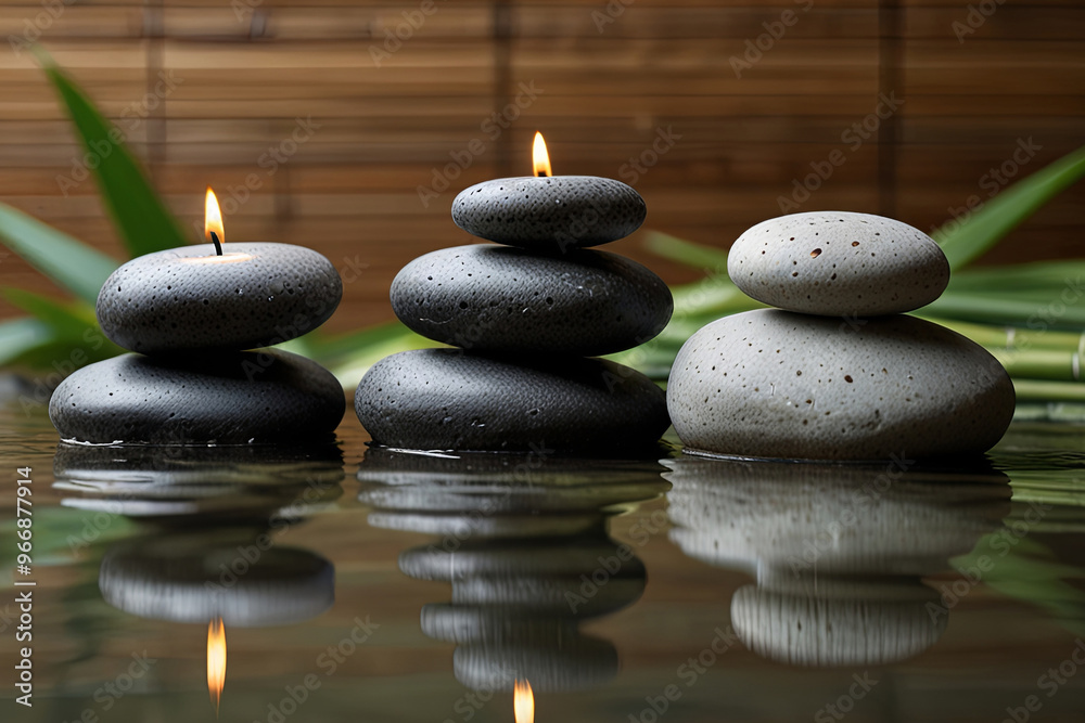 Serene spa environment with a bamboo fountain and carefully arranged zen stones, embodying tranquility, relaxation, and natural serenity.