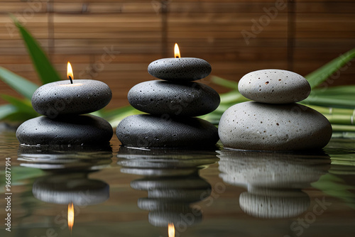 Obraz na płótnie Serene spa environment with a bamboo fountain and carefully arranged zen stones, embodying tranquility, relaxation, and natural serenity. w salonie