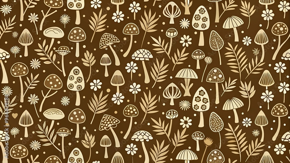 Silhouette mushroom and flower mod seamless pattern on brown background Silhouette mushroom and flower mod seamless pattern on brown background