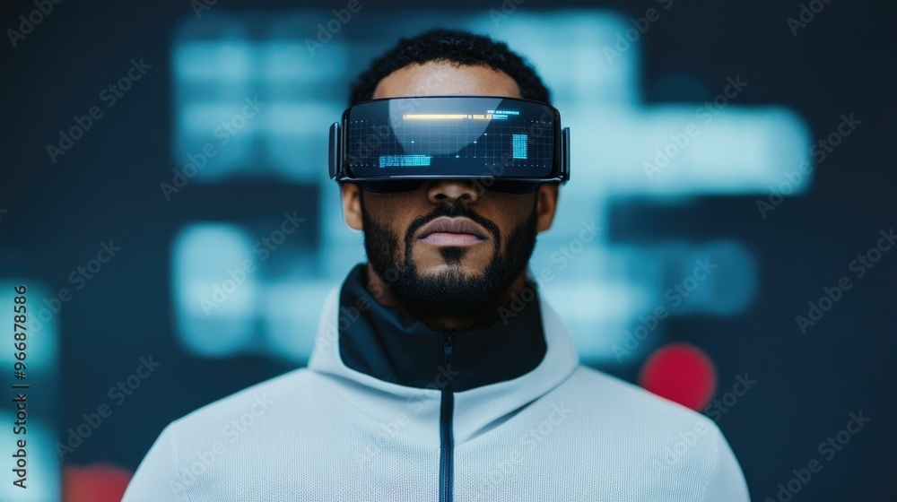 Man wearing augmented reality glasses during a running workout overlaying digital fitness and performance information on the real world environment Man wearing augmented reality glasses during a running workout overlaying digital fitness and performance information on the real world environment