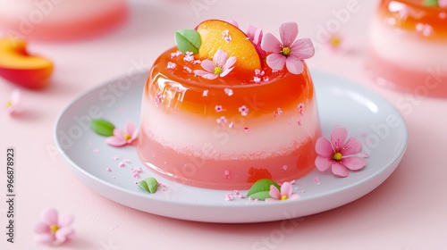 Peach gelatin dessert, tiny floral ornaments, mixed fruit display