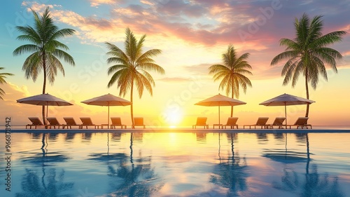 Fantastic poolside, sunset sky, palm trees reflection. Luxury tropical beach landscape, infinity swimming pool, deck chairs and loungers under umbrellas amazing scenic. Vacation resort hotel landscape