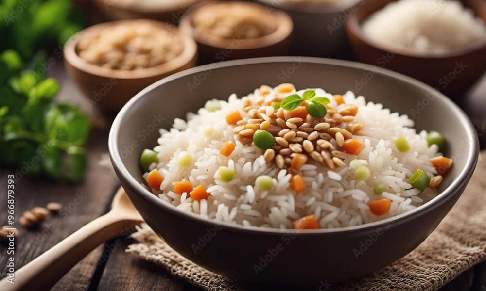 A bowl of flavoured rice with vegetables and seeds on a wooden table A bowl of flavoured rice with vegetables and seeds on a wooden table