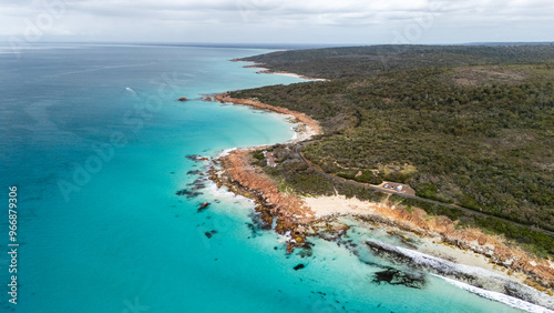 Aerial photo of Campervan parked on the side of scenic road winding around Dunsborough in Southern Western Australia