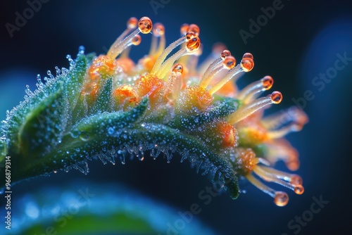 Cannabis Plant with Visible Trichomes Under Microscope