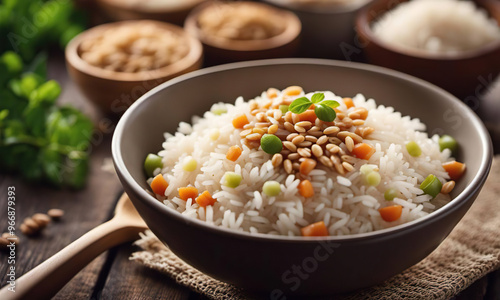 A bowl of flavoured rice with vegetables and seeds on a wooden table