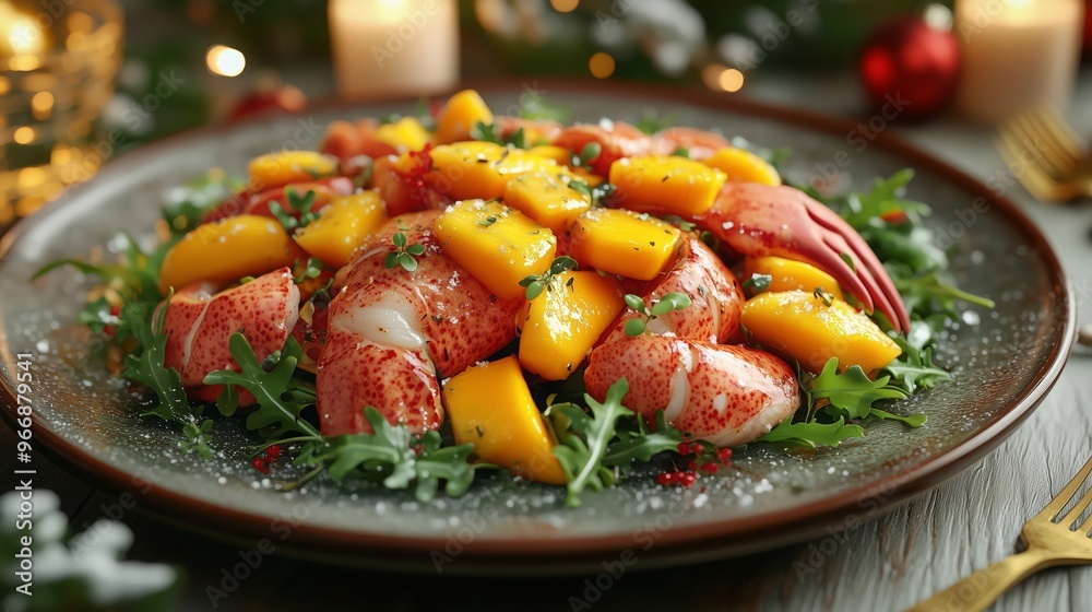 Luxurious lobster and mango salad served at a holiday feast Luxurious lobster and mango salad served at a holiday feast