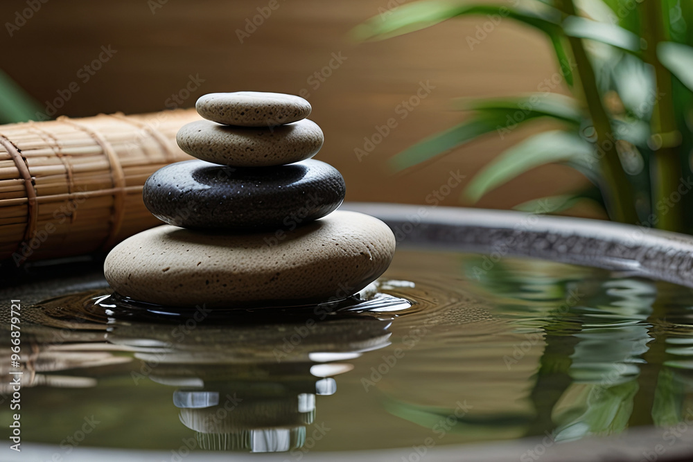 Serene spa environment with a bamboo fountain and carefully arranged zen stones, embodying tranquility, relaxation, and natural serenity. Serene spa environment with a bamboo fountain and carefully arranged zen stones, embodying tranquility, relaxation, and natural serenity.