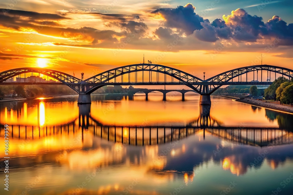 Naklejka premium Silhouette of bridges crossing river at sunset in Europe