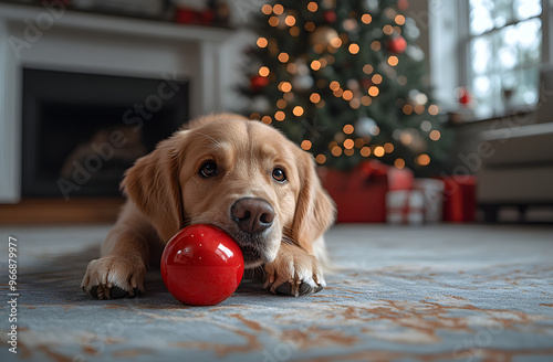 Hund unterm Weihnachtsbaum, made by AI photo